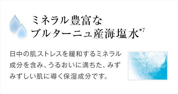 ミネラル豊富なブルターニュ産海塩水（*7） 日中の肌ストレスを緩和するミネラル成分を含み、うるおいに満ちた、みずみずしい肌に導く保湿成分です。